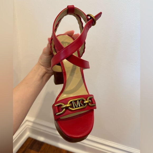 Michael Kors Women Red Kailey Leather Braided Strap Chunky Platform Heels Size 8 - Picture 2 of 15